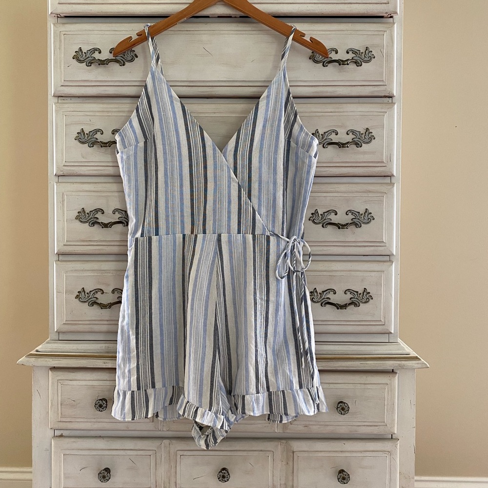 Vici Blue Stripe Pocketed Romper